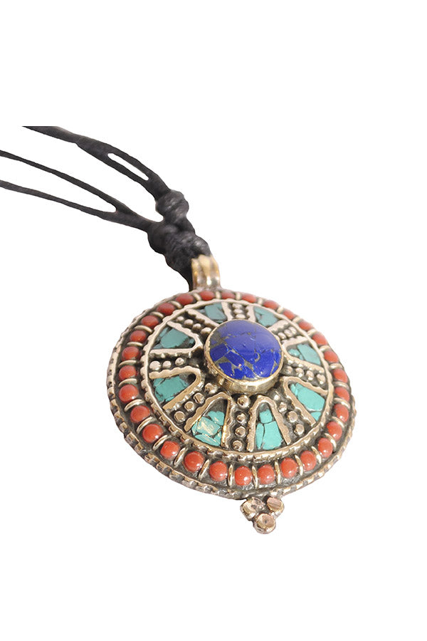 Nepal Turquoise Lapis Coral Dharma Wheel Necklace