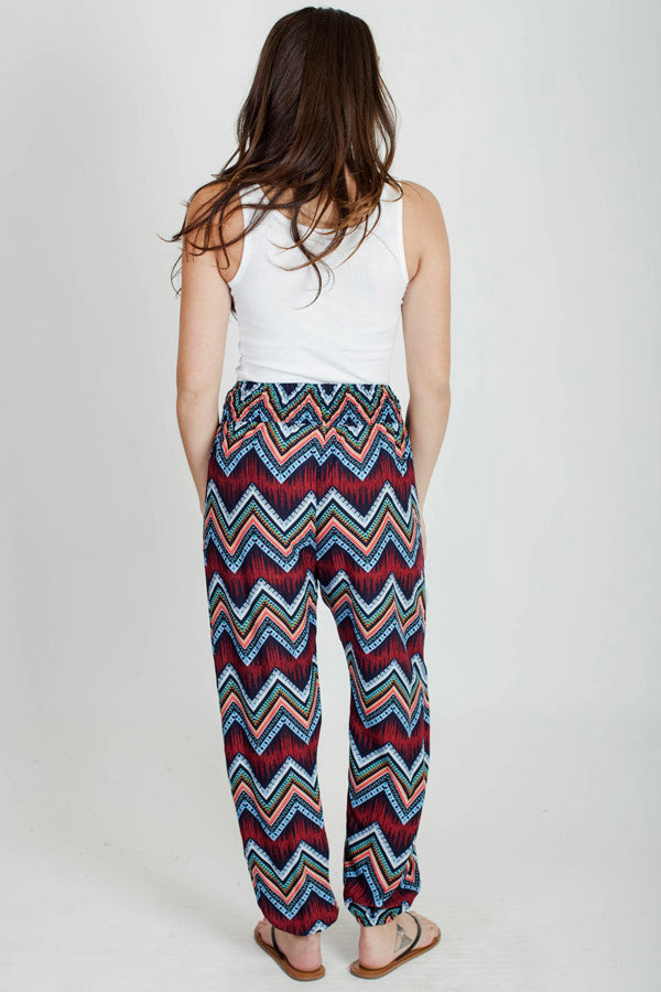 Zig Zag Print Ruched Pants | Women's High-Waisted Wide-Leg Pants | CARAUCCI