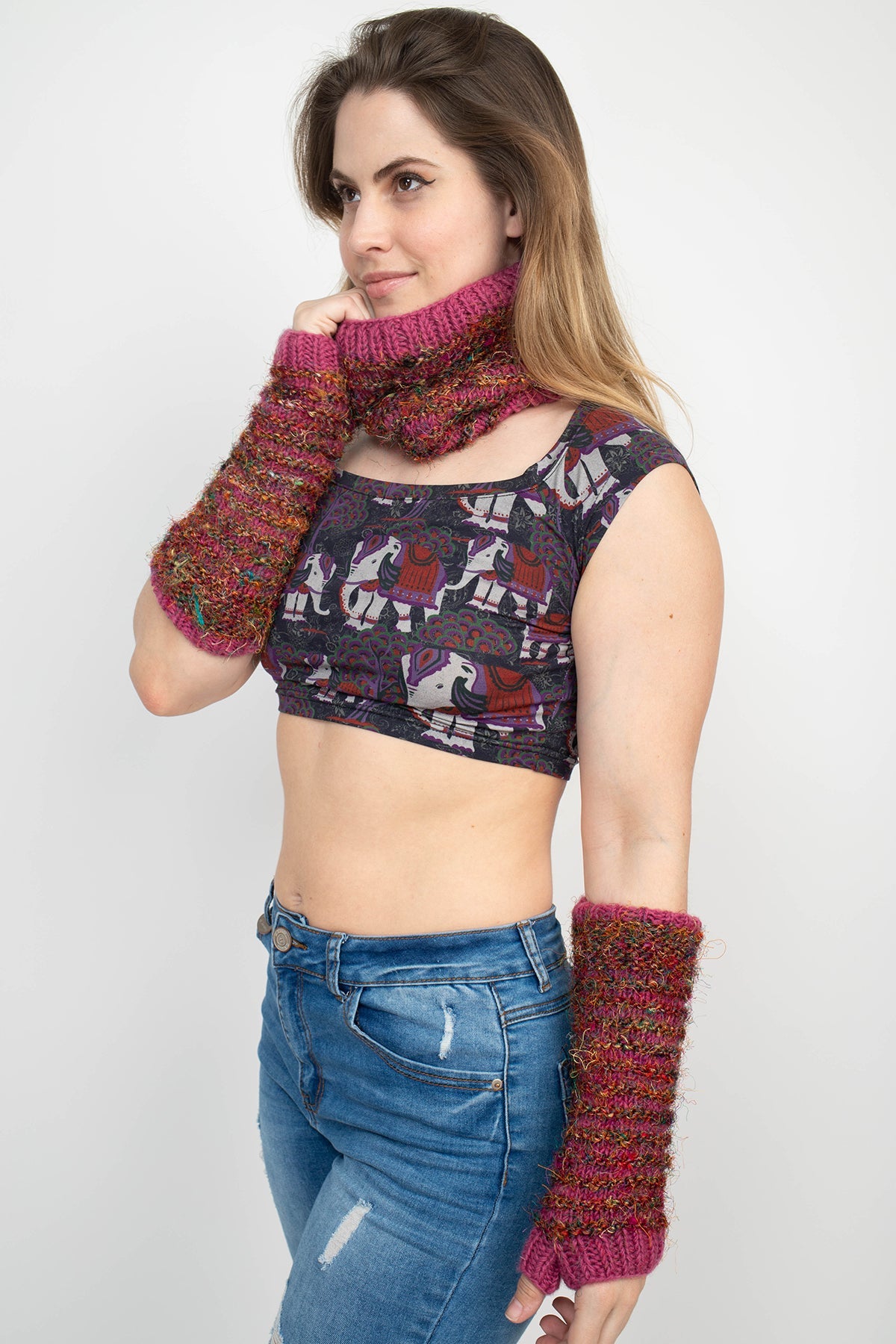 Multi Color Recycled Silk Fingerless Gloves