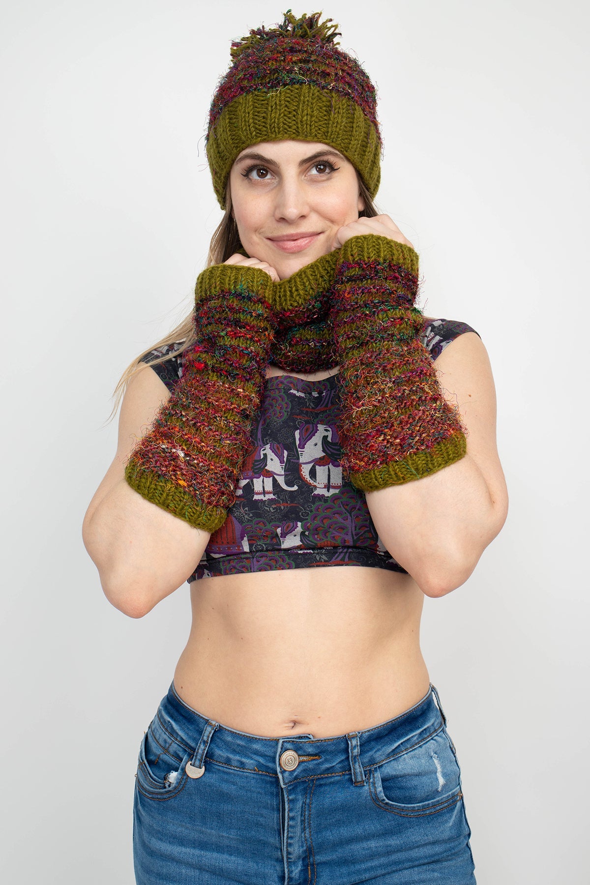 Multi Color Recycled Silk Fingerless Gloves