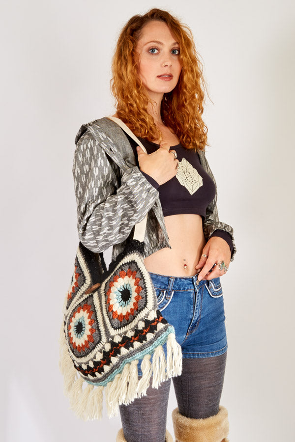 Granny Crochet Fringed Hobo Bag