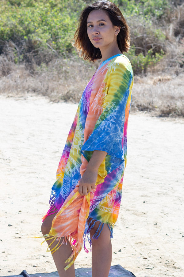 Celestial Rainbow Tie-Dye Fringed Poncho