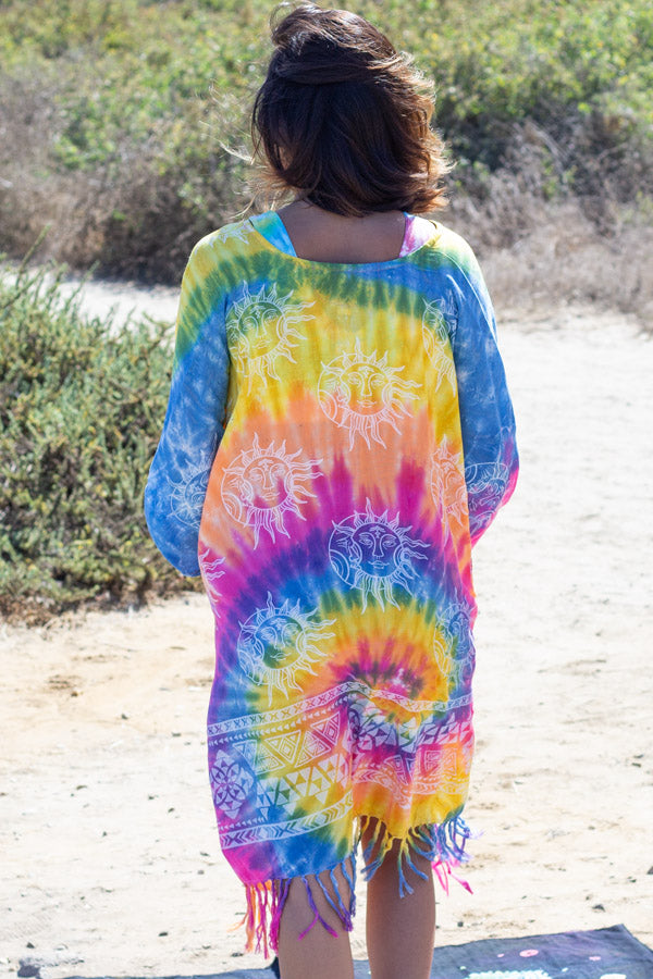 Celestial Rainbow Tie-Dye Fringed Poncho