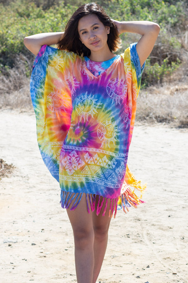 Celestial Rainbow Tie-Dye Fringed Poncho