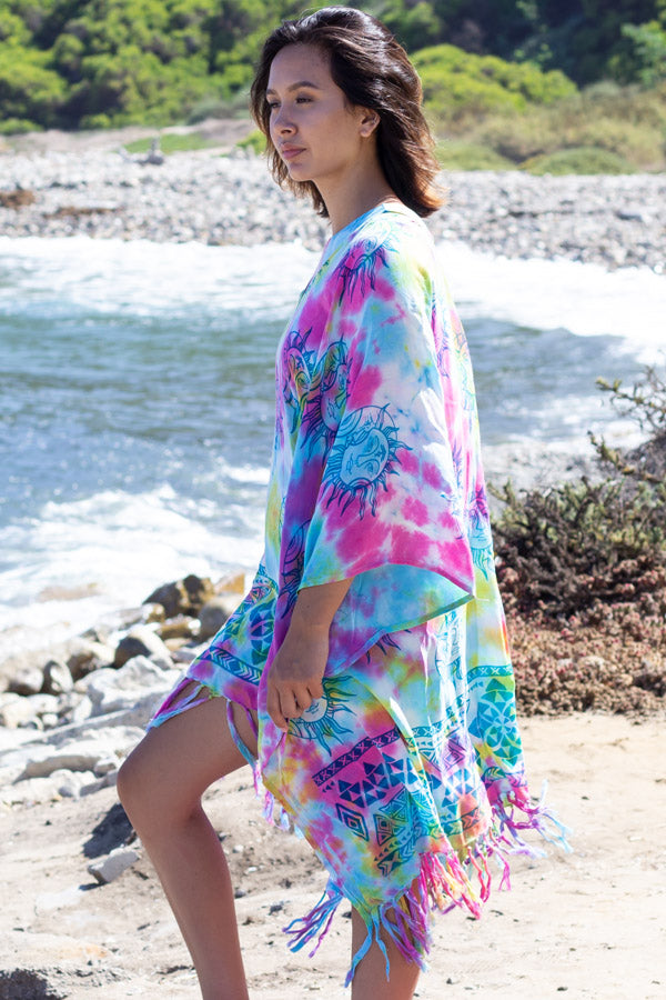 Celestial Rainbow Tie-Dye Fringed Poncho