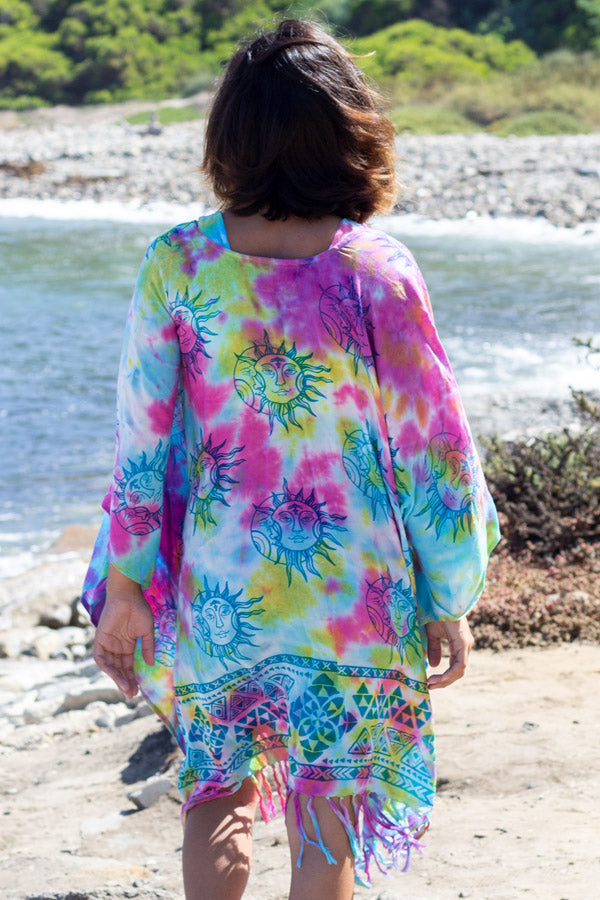 Celestial Rainbow Tie-Dye Fringed Poncho